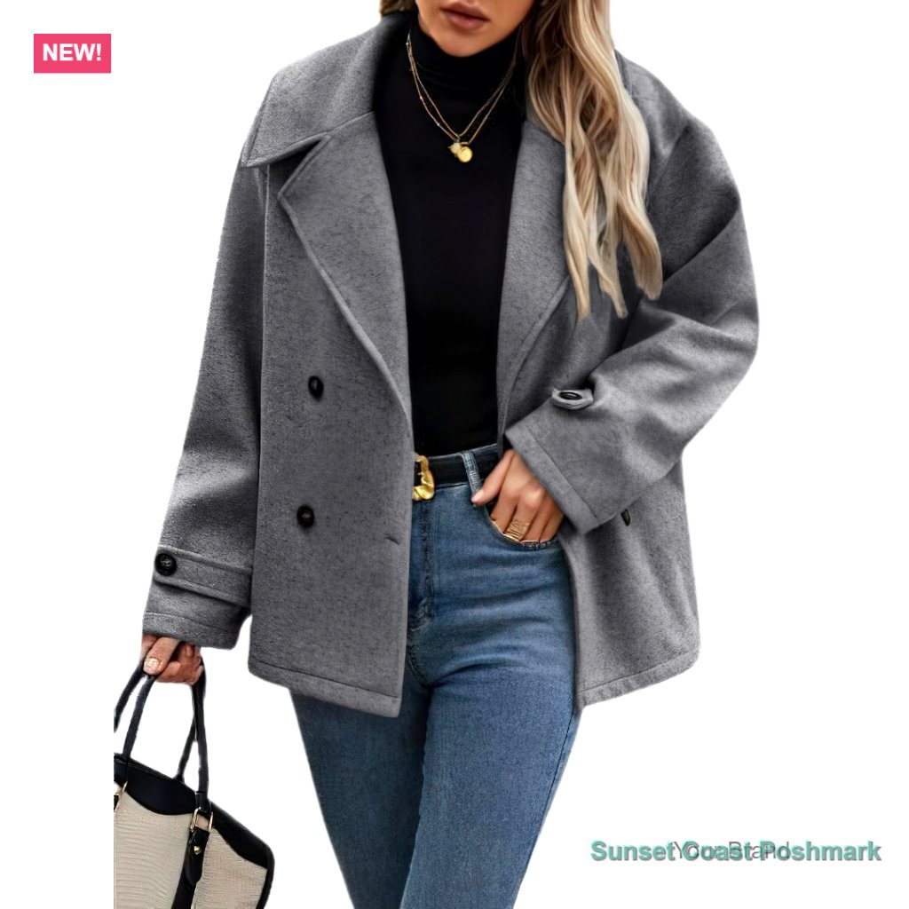 Wool Blend Pea Coat Cropped Blazer Loose Fit Double Breasted